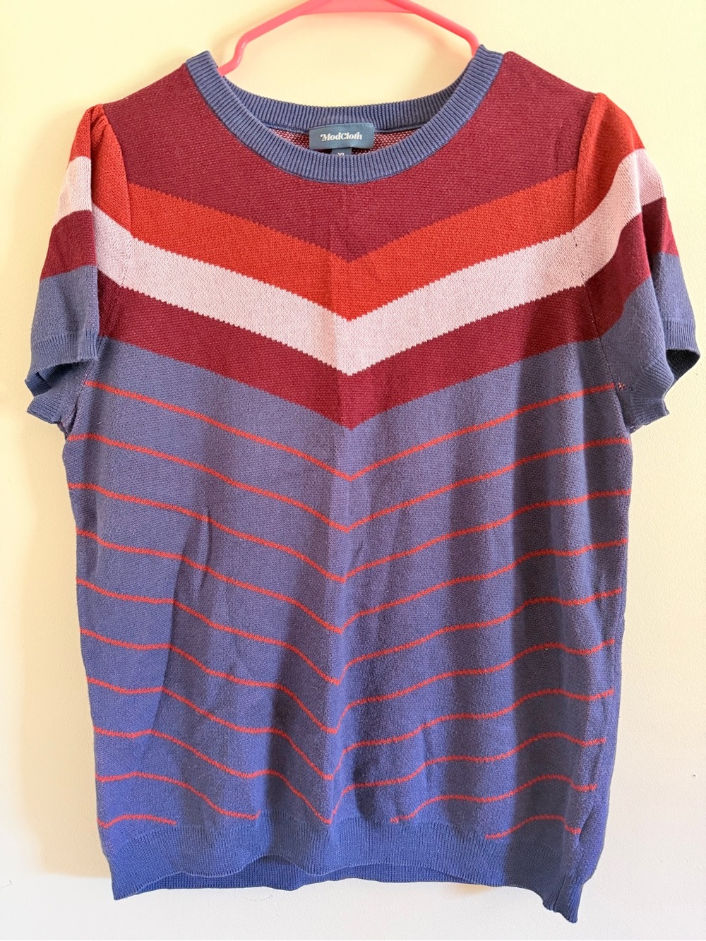 ModCloth Purple & Red Chevron Short-Sleeve Sweater